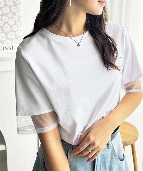 tシャツ レース切替Tシャツ レディース GeeRA tシャツ 綿100％袖シアー切替シルケットTシャツ