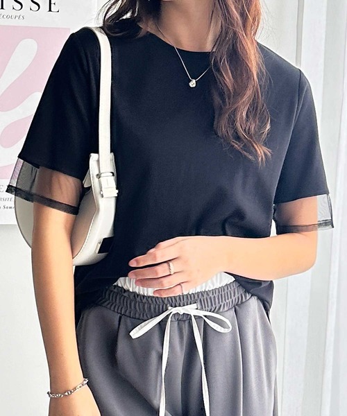 tシャツ 袖切替シャーリングTシャツ レディース サイドシャーリング入り半袖Tシャツ レディース 夏[品番