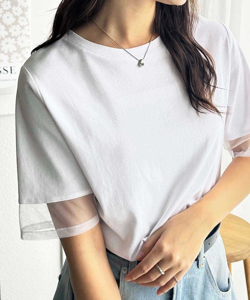 GeeRA（ジーラ） tシャツ 半袖 綿100％袖シアー切替シルケットTシャツ