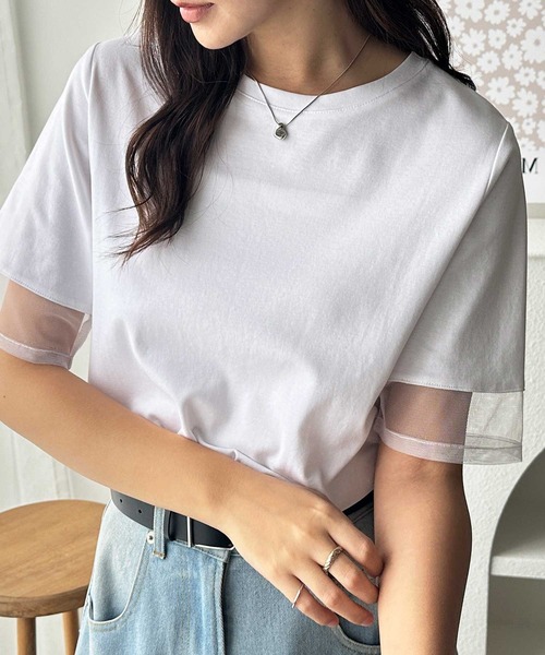 GeeRA（ジーラ） tシャツ 半袖 綿100％袖シアー切替シルケットTシャツ