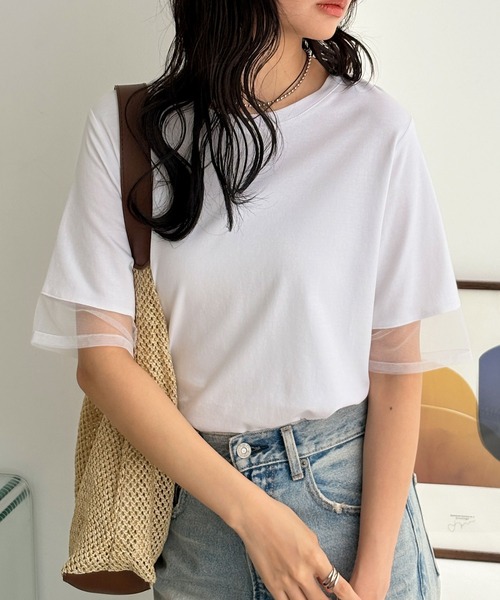 GeeRA（ジーラ） tシャツ 綿100％袖シアー切替シルケットTシャツ