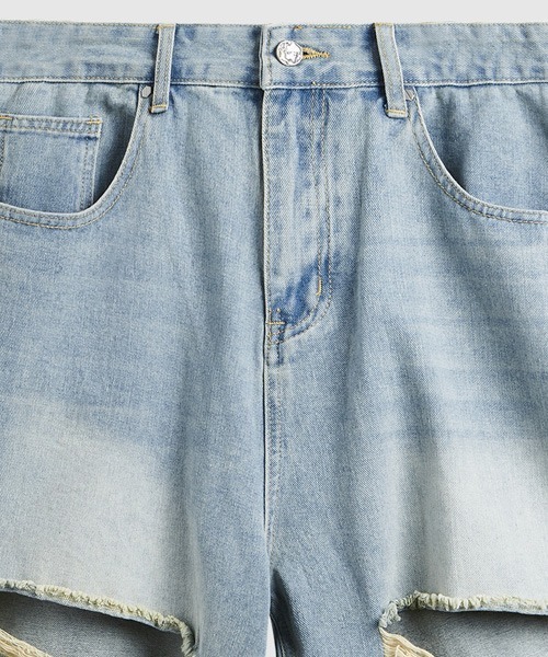 パンツ デニム ジーンズ クラッシュダメージ加工ワイドデニムハーフ