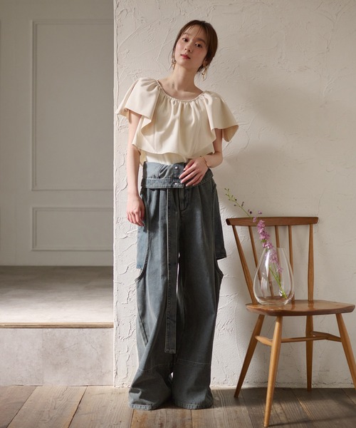 mideal ブラウス シャツ linen blend frill tops / リネン