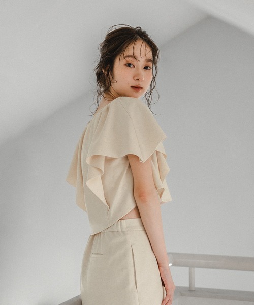 mideal ブラウス シャツ linen blend frill tops / リネン