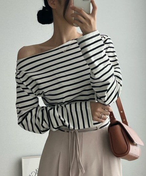 tシャツ オフショル長袖ボーダーカットソー レディース