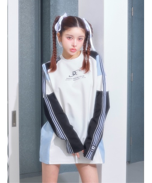 tシャツ ラインカットロングTシャツ レディース