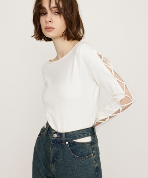 tシャツ LACE UP SLEEVE CUT TOPS　レースアップ スリーブ カット トップス レディース