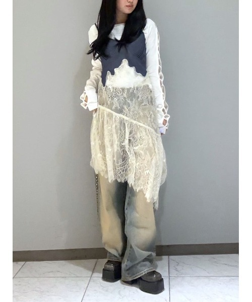 tシャツ LACE UP SLEEVE CUT TOPS　レースアップ スリーブ カット トップス レディース セール】LACE UP SLEEVE CUT TOPS レースアップ スリーブ カット