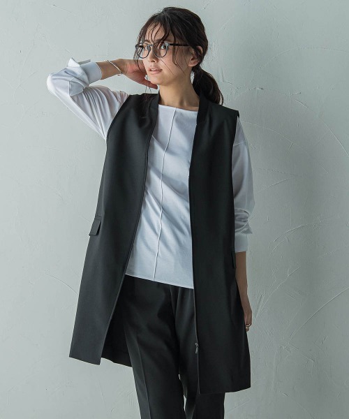 ベスト ジレ ノーカラージップロングジレ「手洗い可能」 レディース