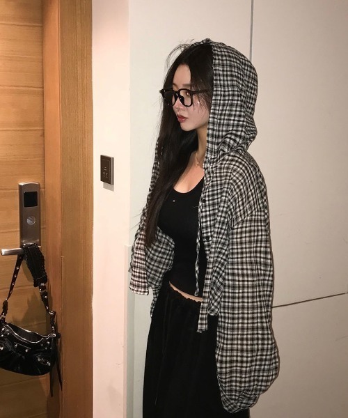 ブラウス シャツ 「MADE」 キーセンチェックサマークロップフードシャツ レディース BLACKUP ブラウス シャツ 「MADE」 キーセンチェックサマー