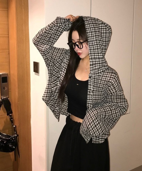 ブラウス シャツ 「MADE」 シュロットチェックサマールーズフィットフードシャツ レディース メンズ BLACKUP ブラウス シャツ 「MADE」 シュロットチェックサマー