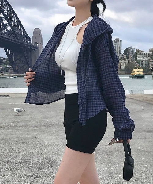 ブラウス シャツ 「MADE」 キーセンチェックサマークロップフードシャツ レディース BLACKUP ブラウス シャツ 「MADE」 キーセンチェックサマー