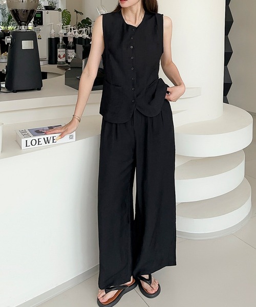 LOWO セットアップ ノースリーブジレ・ワイドパンツ セットアップ 上下