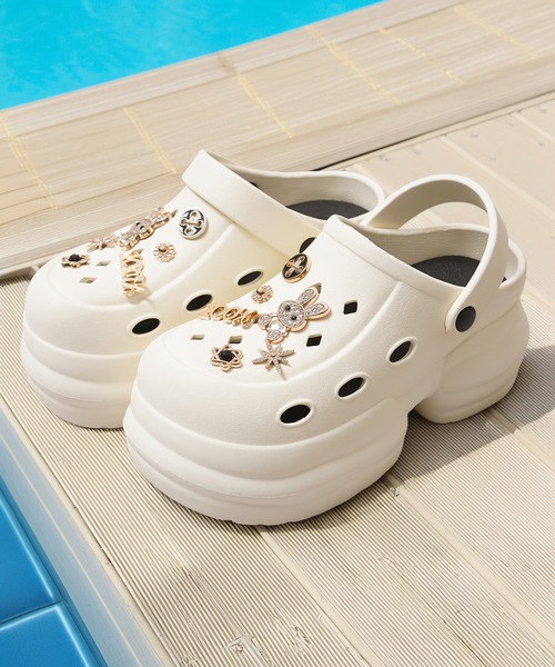 厚底 サンダル 夏 ビジュー付き 厚底クロッグサンダル / Thick-soled
