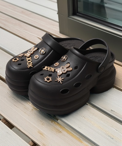 厚底 サンダル 夏 ビジュー付き 厚底クロッグサンダル / Thick-soled