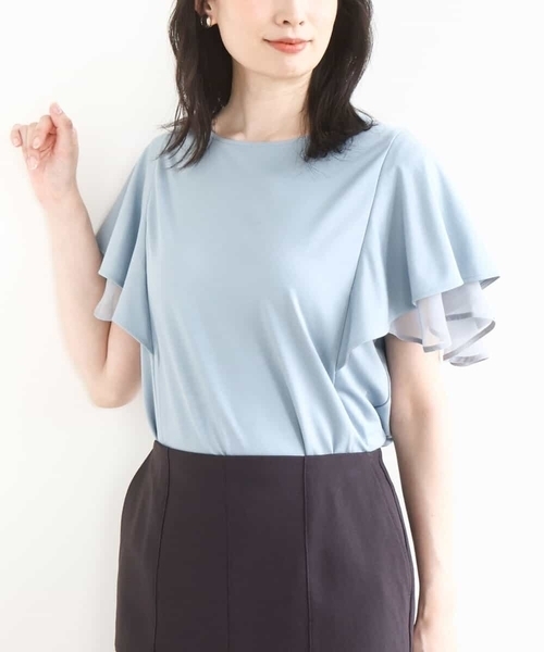 tシャツ ティアードフリルスリーブカットソー/UVカット/接触冷感/洗える/WEB限定サイズあり レディース