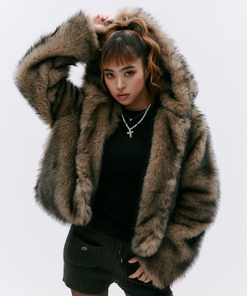 フード付きファーコートubyspick&span GOSSIP CLUB コート アウター フード付きファージャケット レディース