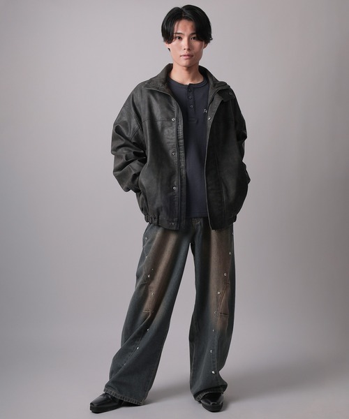 ブルゾン アウター 「82」ウォッシュ加工 フェイクレザースタンド