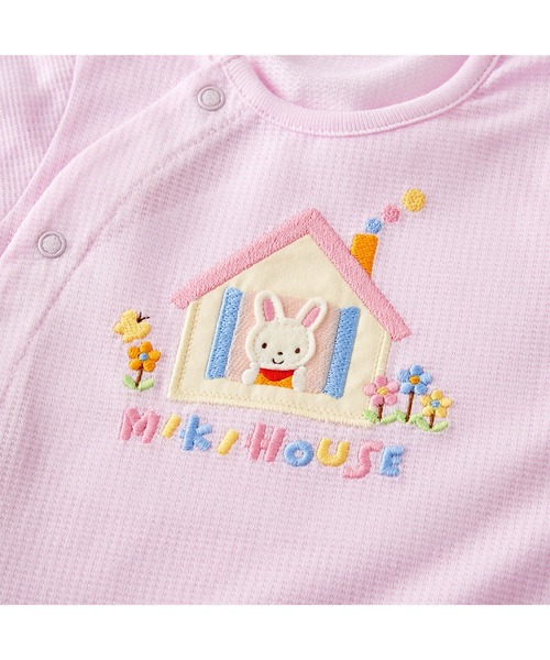 ウサギ刺繍ロンパース 80サイズ ピンク（ミキハウス） ミキハウスウサギ刺繍のストライプロンパース - メルカリ
