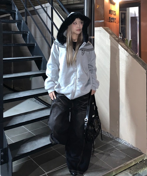 lilful パーカー Y2K クロスネックレスデザイン ファージップパーカー