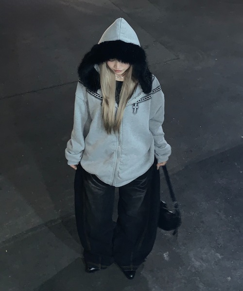 lilful パーカー Y2K クロスネックレスデザイン ファージップパーカー