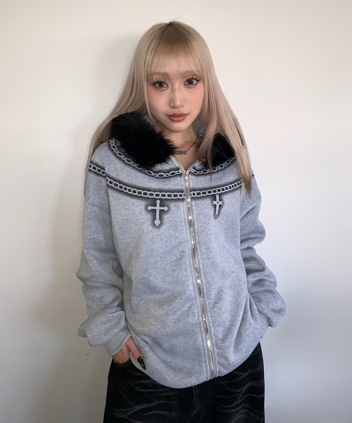 lilful パーカー Y2K クロスネックレスデザイン ファージップパーカー