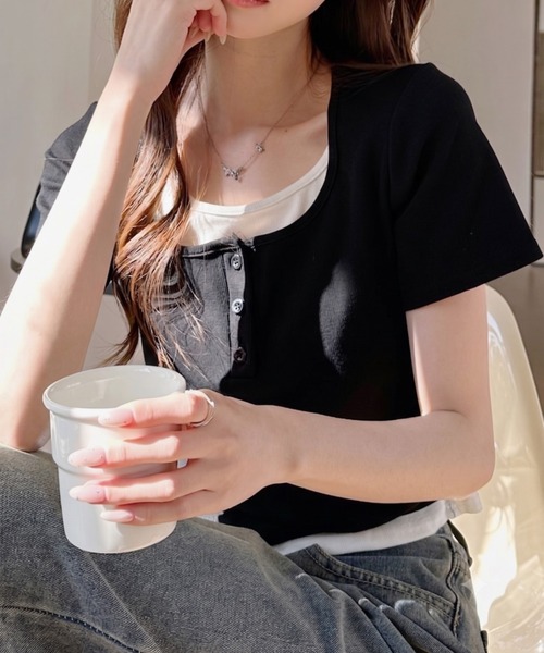 Ada. ヘンリーネック tシャツ 半袖 サイドギャザー レイヤード風