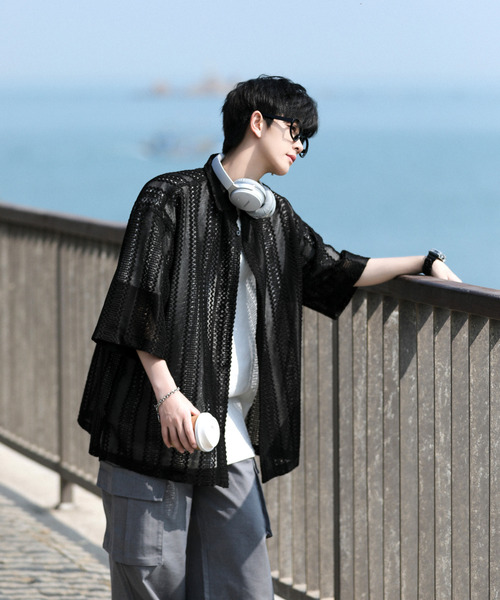 「neos」 「Beno」半袖シャツ LARGE グレー メンズ_画像5