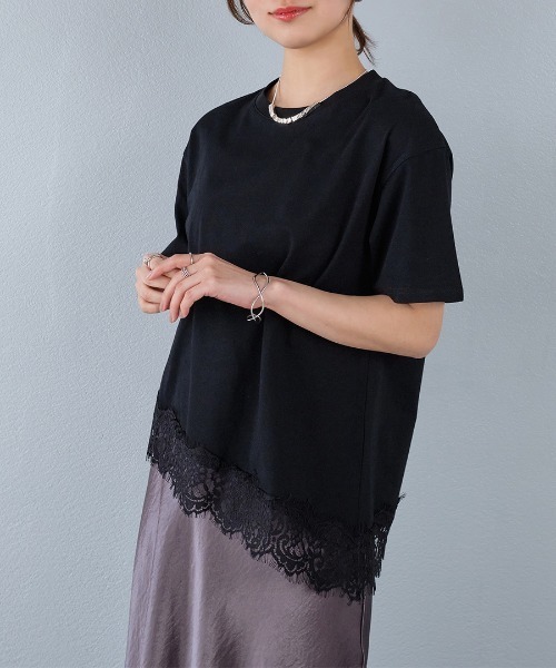 murea tシャツ 裾レースアシンメトリー半袖Tシャツ レディース