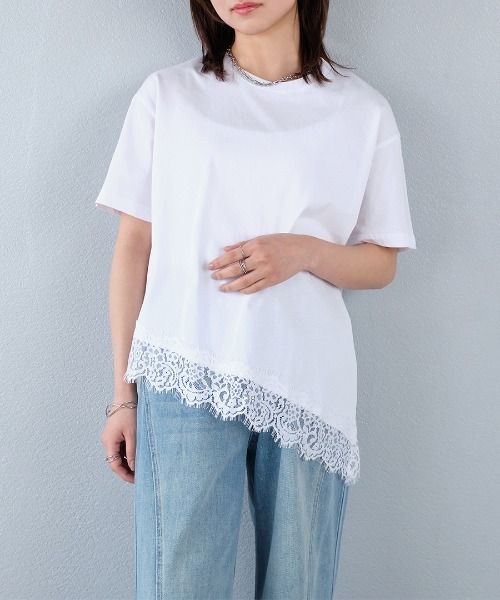 murea tシャツ 半袖 裾レースアシンメトリー半袖Tシャツ レディース