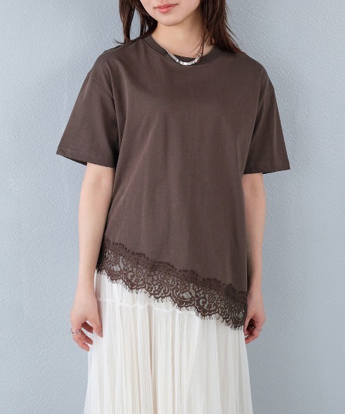 murea tシャツ 半袖 裾レースアシンメトリー半袖Tシャツ レディース