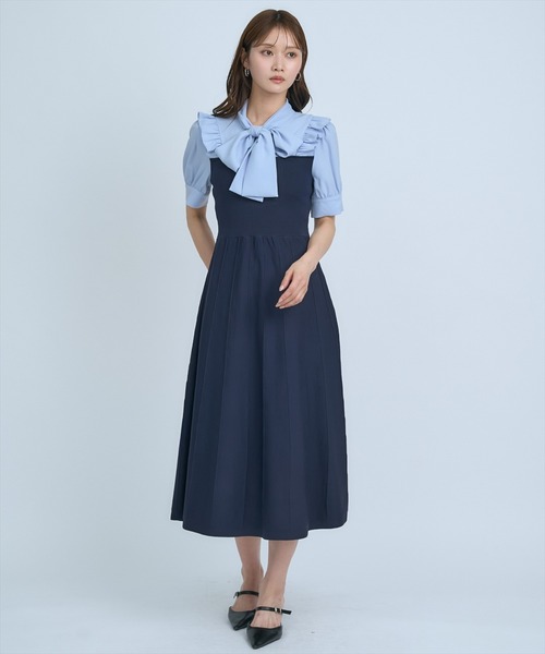 【美品】GUCCIボウタイ付き半袖ワンピース ネイビー/レッド AND COUTURE（アンドクチュール） ワンピース 半袖 ニットビスチェ風