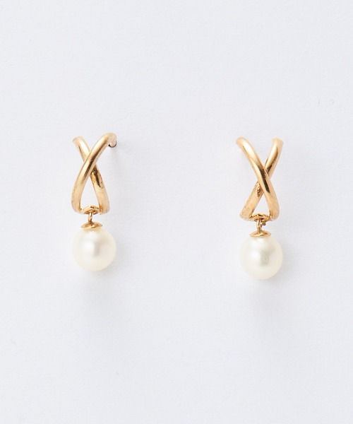 ピアス 「K10」クロッシングモチーフピアス/淡水パール/BOX付き レディースの画像