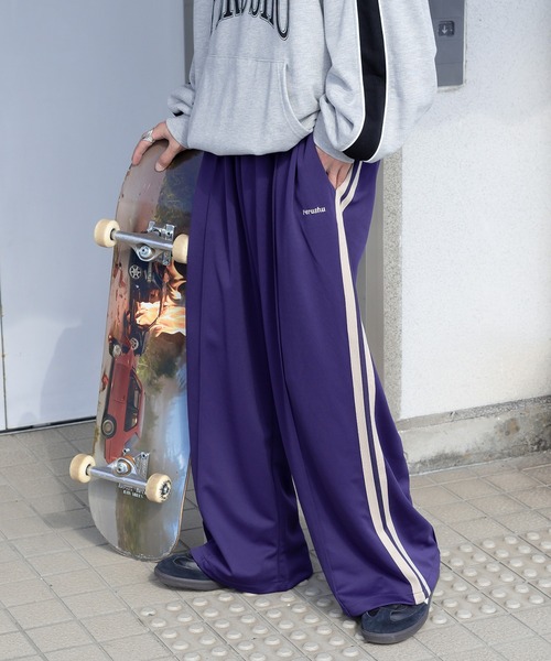Perushu ワイドパンツ パンツ ワイドルーズトラックパンツ