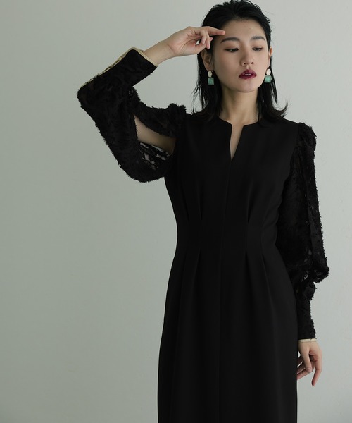 ドレス 袖あり＆ロング パーティードレス キーネックお呼ばれ結婚式  