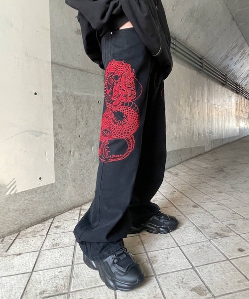 Y2K 00s 和柄 刺繍 バギーデニム ドラゴン 龍 ジーンズ デニム デニムパンツ ドラゴン刺繍デニムパンツ