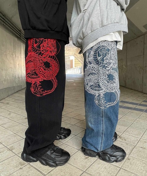 Y2K 00s 和柄 刺繍 バギーデニム ドラゴン 龍 ジーンズ デニム デニムパンツ ドラゴン刺繍デニムパンツ