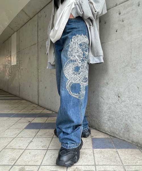 ジーンズ デニム デニムパンツ ドラゴン刺繍デニムパンツ