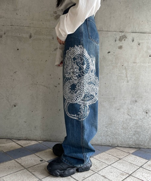 超大きいサイズ XXL 雅結 ドラゴン刺繍デニムパンツ インディゴブルー セール】ドラゴン刺繍デニムパンツ（デニムパンツ）｜Figments
