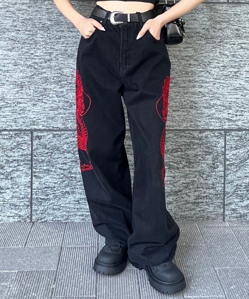 ジーンズ デニム デニムパンツ ドラゴン刺繍デニムパンツ