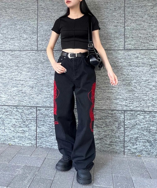 ドラゴン刺繍 ダークブルーデニムパンツ ジーンズ デニム デニムパンツ ドラゴン刺繍デニムパンツ