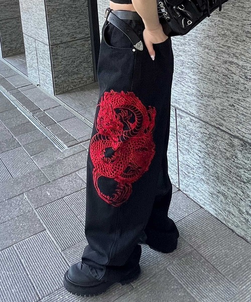 超大きいサイズ XXL 雅結 ドラゴン刺繍デニムパンツ インディゴブルー セール】ドラゴン刺繍デニムパンツ（デニムパンツ）｜Figments