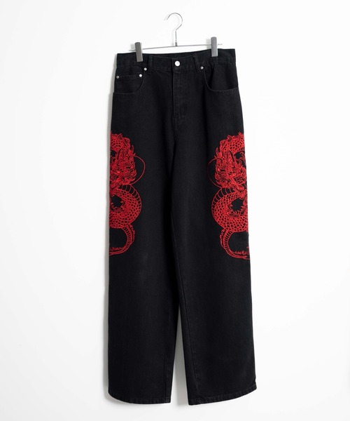 超大きいサイズ XXL 雅結 ドラゴン刺繍デニムパンツ インディゴブルー ジーンズ デニム デニムパンツ ドラゴン刺繍デニムパンツ