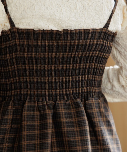 flower check アシメワンピース グリーン グリーンチェックアシンメトリーワンピース