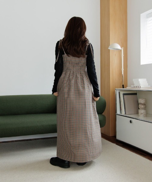 flower check アシメワンピース グリーン グリーンチェックアシンメトリーワンピース