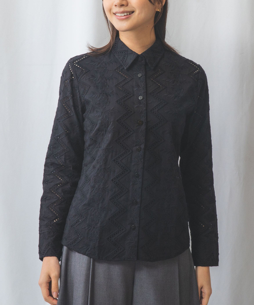 nara CAMICE 長袖シャツ レース コットン100% ブラック S NARACAMICIE ブラウス シャツ 「NARACAMICIE」コットンレース