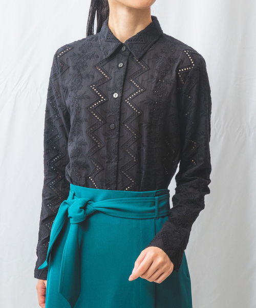 nara CAMICE 長袖シャツ レース コットン100% ブラック S NARACAMICIE ブラウス シャツ 「NARACAMICIE」コットンレース