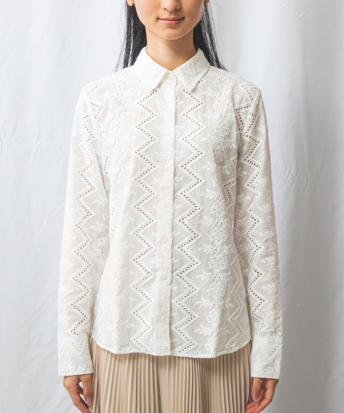 nara CAMICE 長袖シャツ レース コットン100% ブラック S 全商品アイテム/トップス/シャツ・ブラウス/レース・刺繍