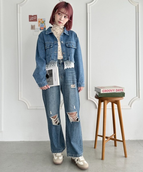 SOLLON. tシャツ 小花柄ハイネックトップス レディース