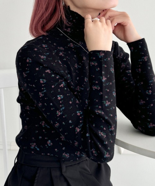tシャツ 花柄 長袖ハイネック 刺繍カットソー レディース セール】花柄長袖フレアスリーブメロウハイネックシアーチュール